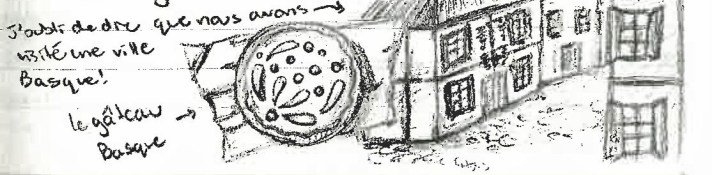 Sketch by Nadiya Atkinson –&nbsp;top: "I forgot to say that we visited a Basque town" ; bottom : "Basque cake"